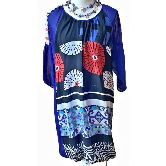 DESIGUAL Blue Multicolour Sheer Sleeve Dress Size 38 - Picture 1 of 16